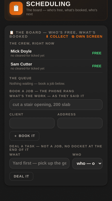Booking a job on the board and giving it its day