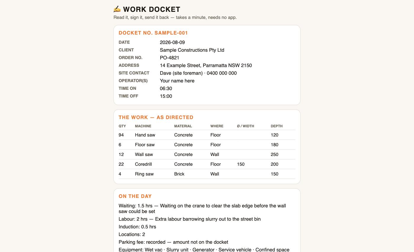 What the client sees — the docket on a plain web page, no app to install, no prices