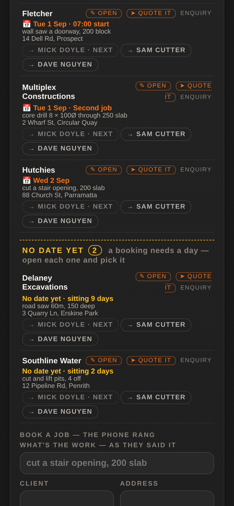 The board on a phone — dated jobs first, NO DATE YET waiting at the bottom